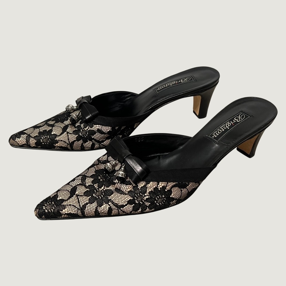 Vintage 90s Brighton Mules Kitten Heels Nude Black Lace Floral Italy Coquette 9